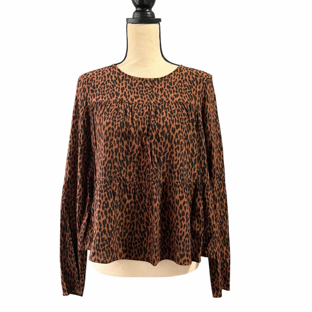 GAP Women's Brown Black Leopard Print Tiered Blouse Top Sz MT Cropped Drapey